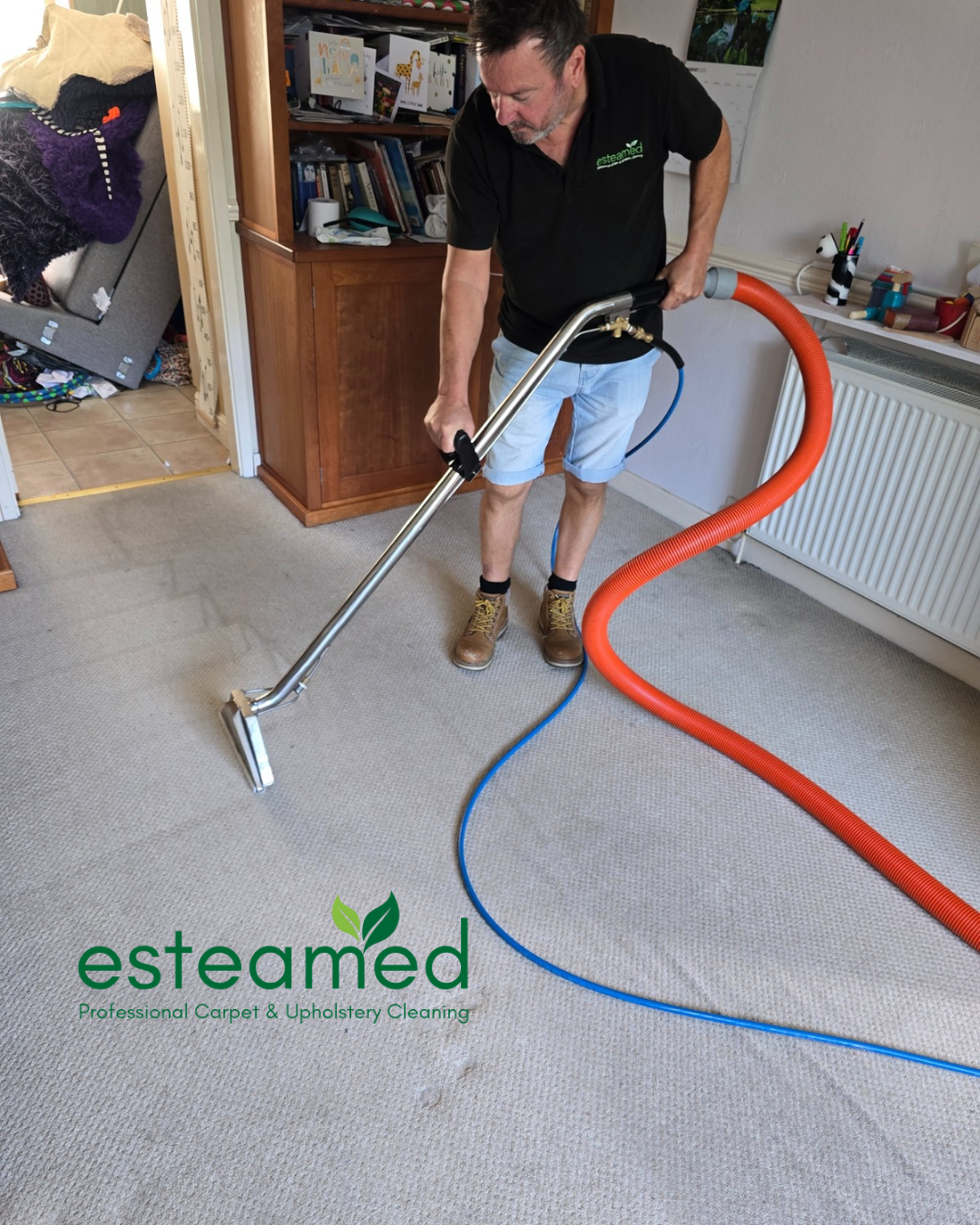 Esteamed cleaner working on a carpet in a furnished room