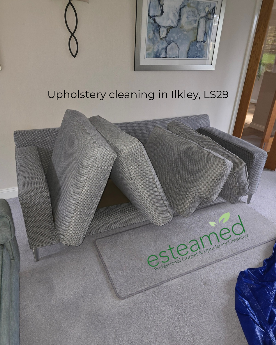 Sofa and cushions from Esteamed's upholstery cleaning work in Ilkley